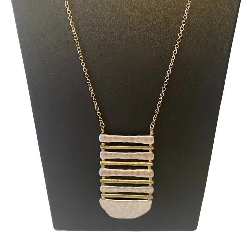 Hammered Silver & Gold Toned Drop Pendant Necklace on extra long chain.